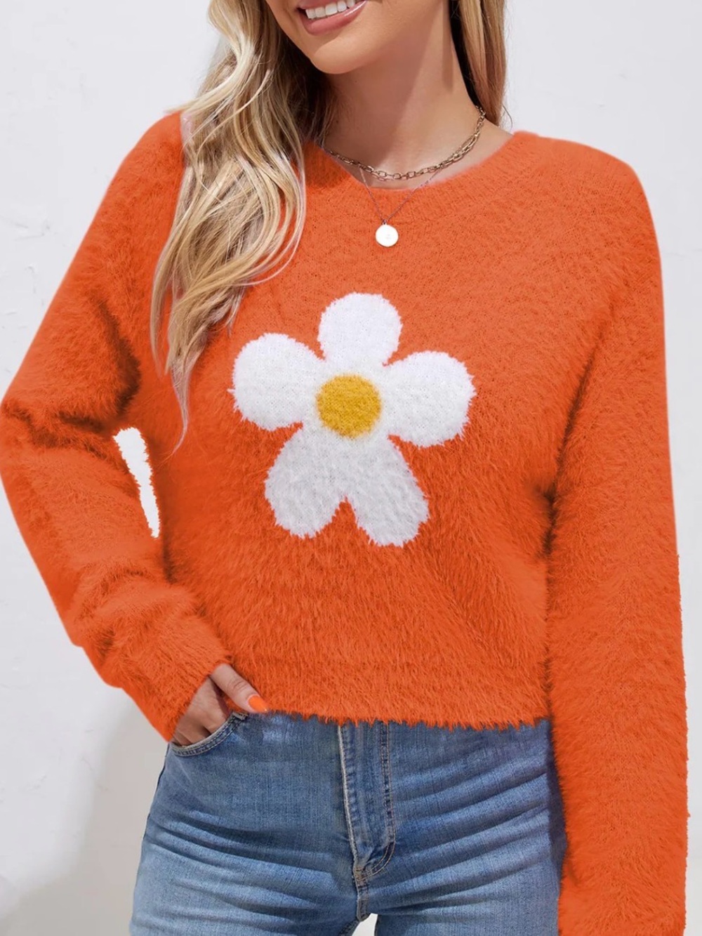 Zaful Orange Fuzzy Daisy Crewneck Sweater